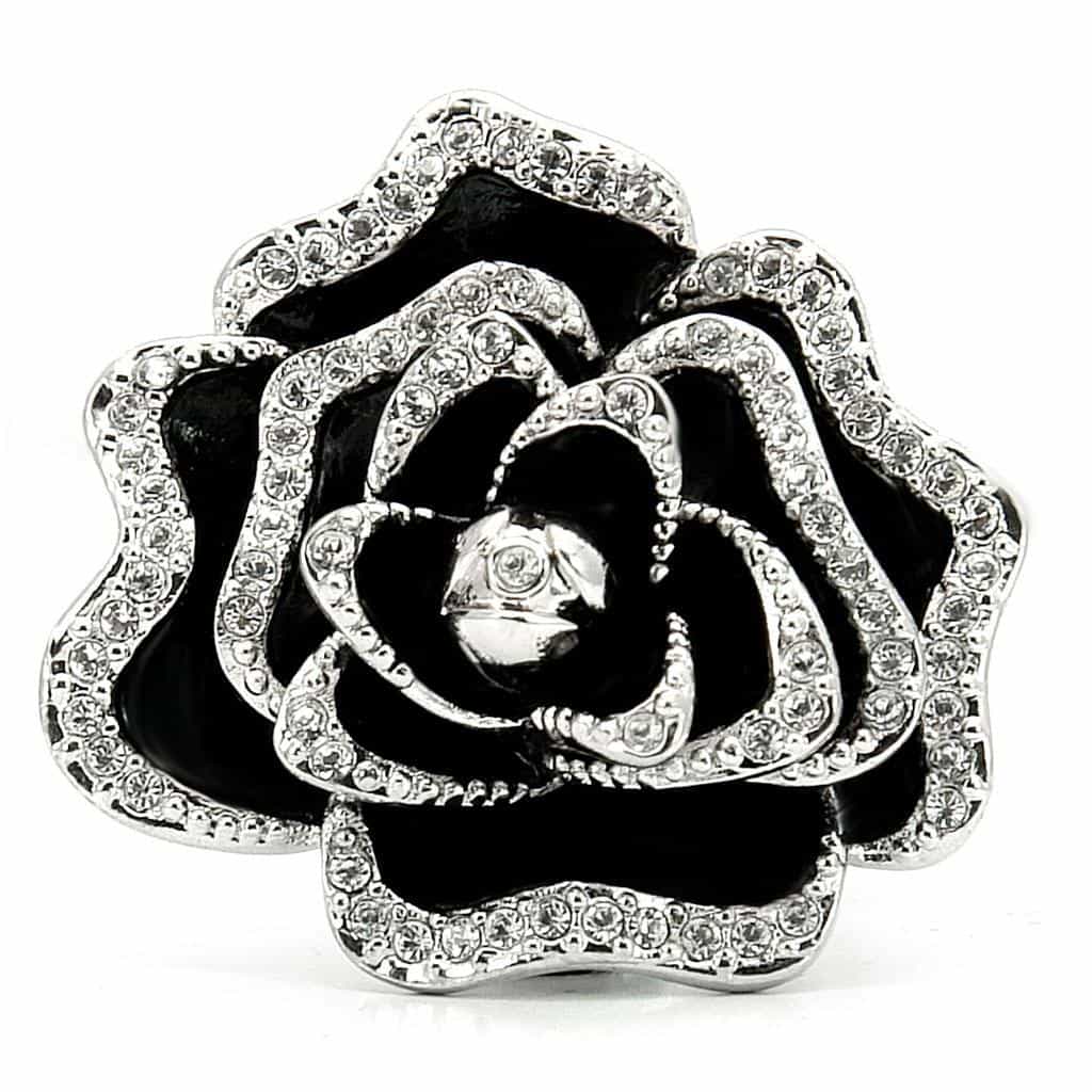 Brass Black Enamel CZ Rose Ring | The Stainless Jewelry view 3