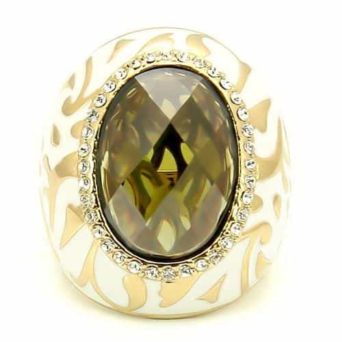 Brass Olive CZ White Enamel Filigree Dome Ring view 3