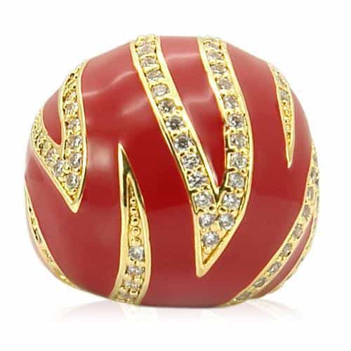 Brass Red Enamel Gold CZ Stripe Dome Ring | The Stainless Jewelry view 3