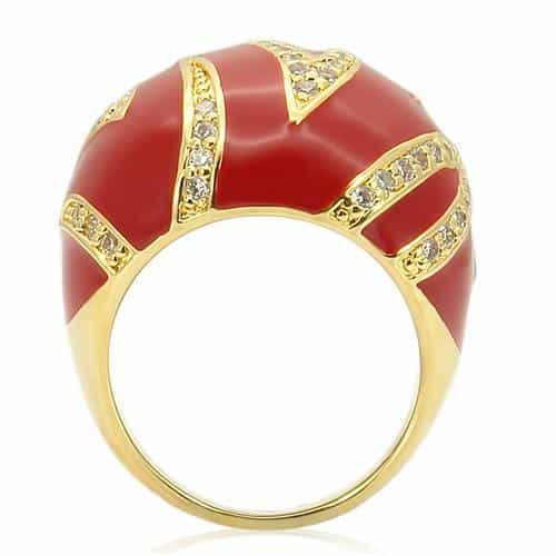 Brass Red Enamel Gold CZ Stripe Dome Ring | The Stainless Jewelry view 4