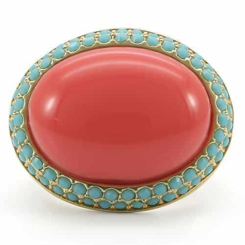 Brass Coral Turquoise Cabochon Dome Ring | The Stainless Jewelry view 3