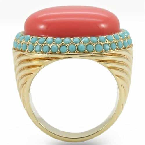 Brass Coral Turquoise Cabochon Dome Ring | The Stainless Jewelry view 4