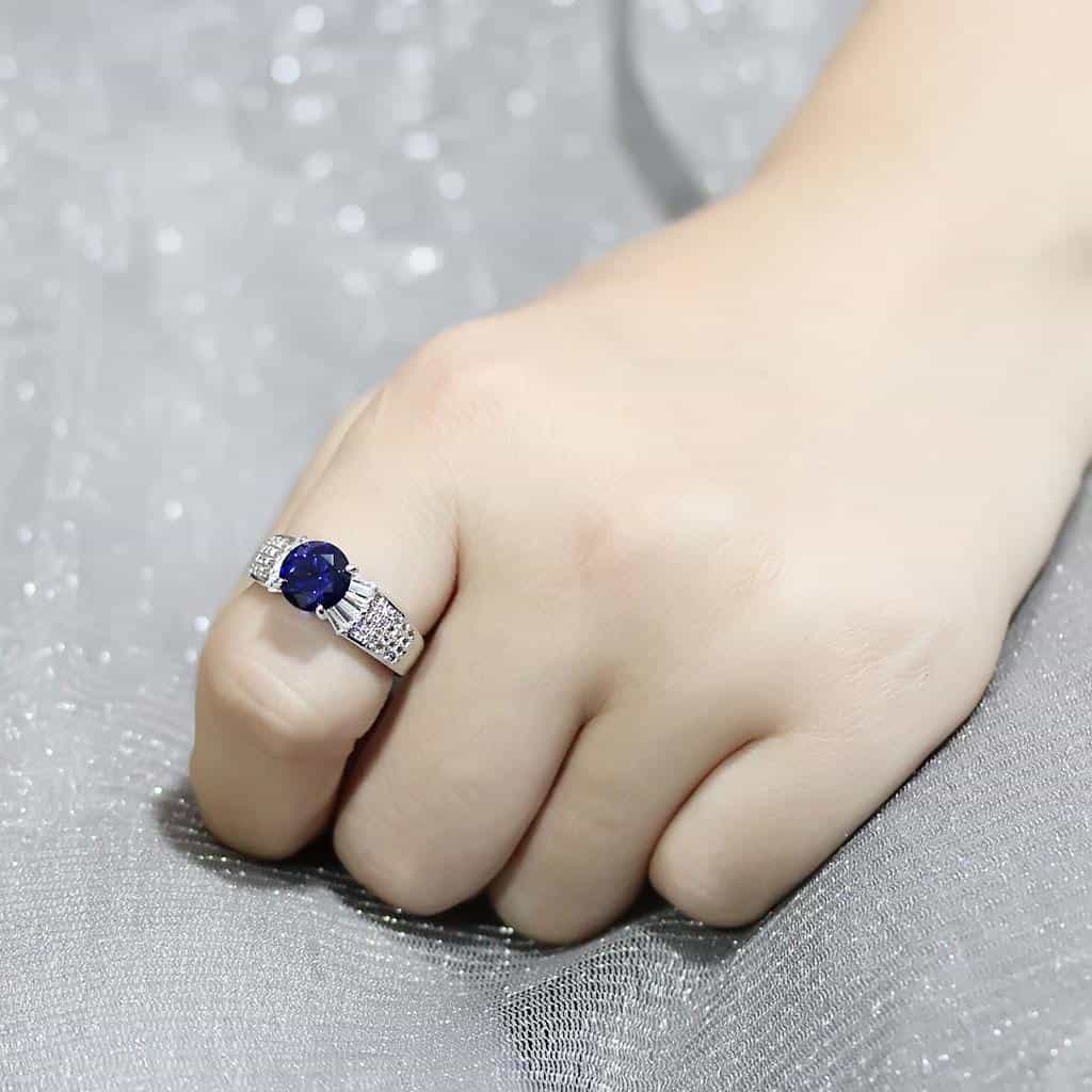 Brass Sapphire Round Solitaire Baguette Pavé Ring view 9