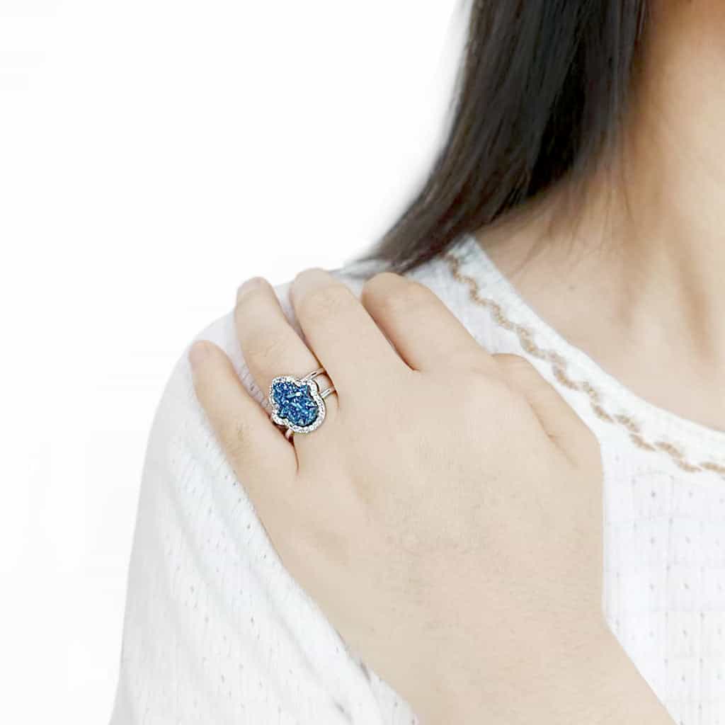 Brass Blue Druzy Flower Halo Ring view 5