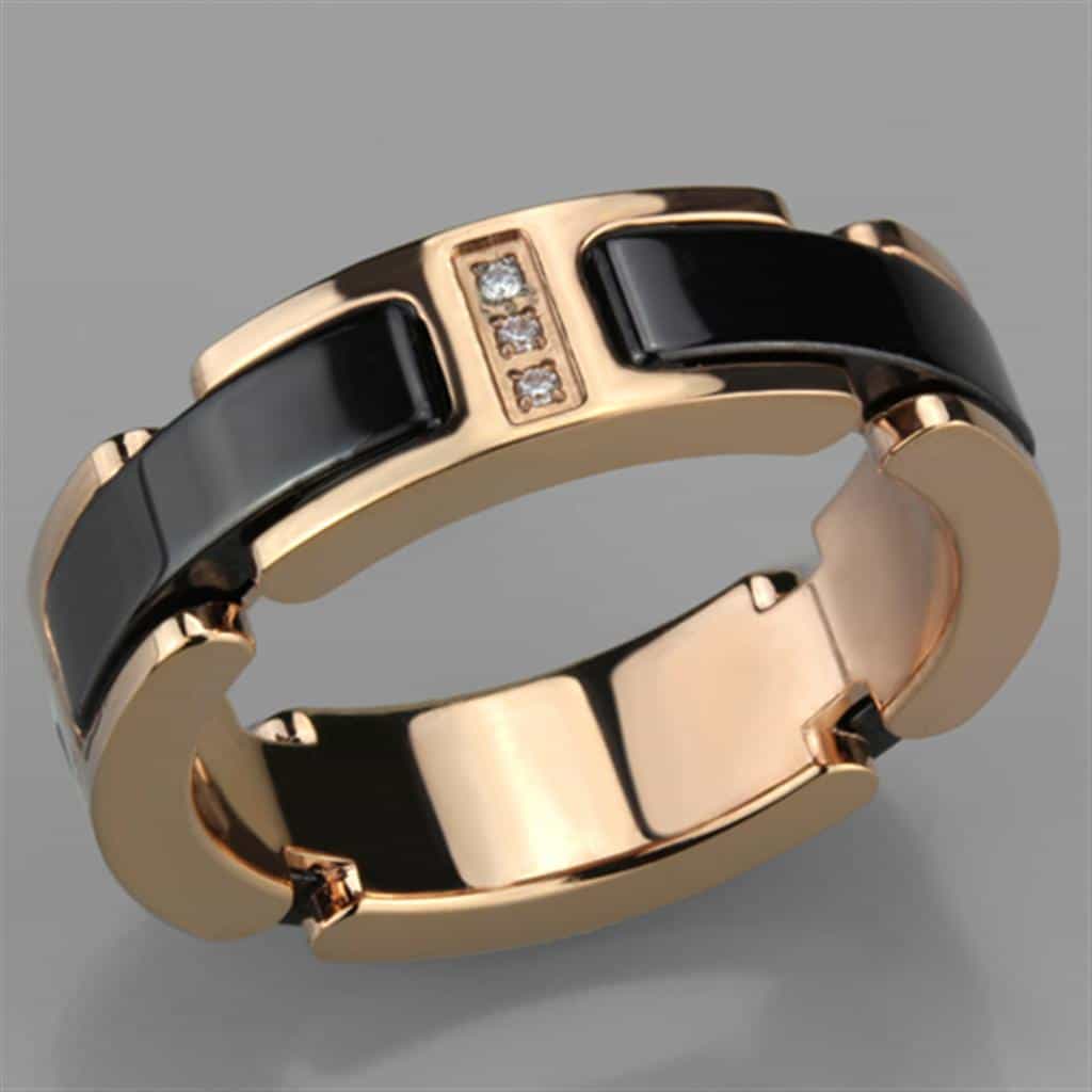Stainless Steel Rose Gold Black Ceramic CZ Link Ring view 9