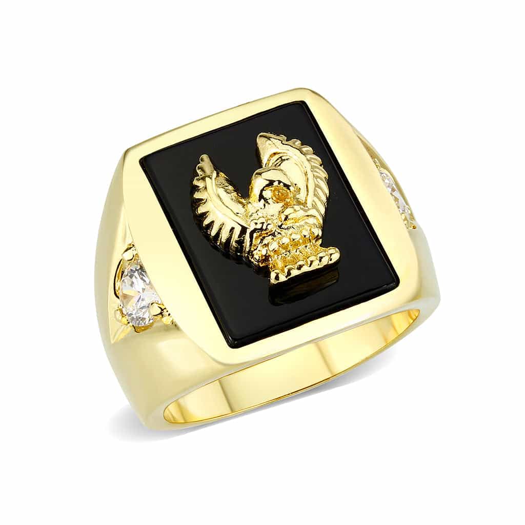 Brass Gold Black Enamel Eagle CZ Signet Ring view 1