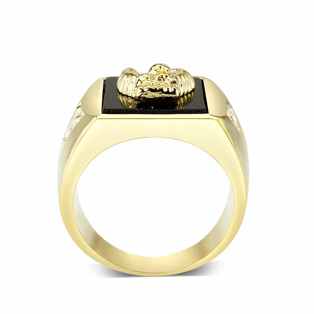 Brass Gold Black Enamel Eagle CZ Signet Ring view 5