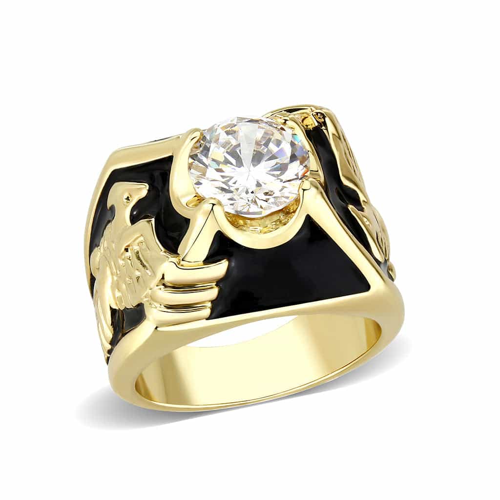 Brass Gold Black Enamel Panther CZ Signet Ring view 1