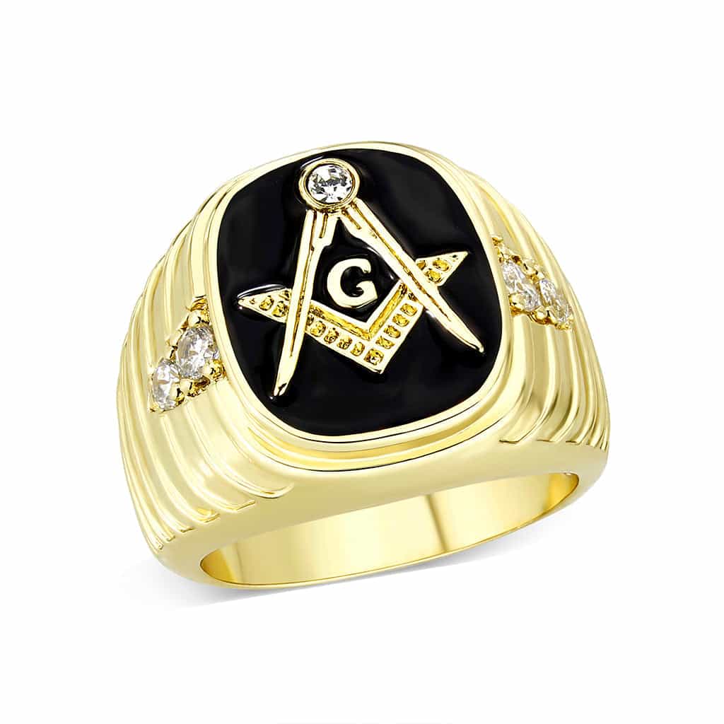 Brass Gold Masonic Compass CZ Signet Ring view 1