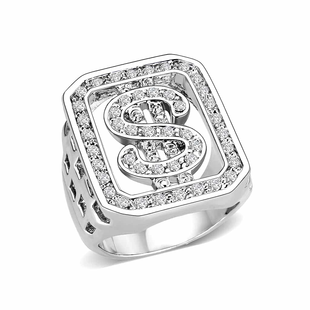 Brass Silver CZ Dollar Sign Pave Signet Ring view 1