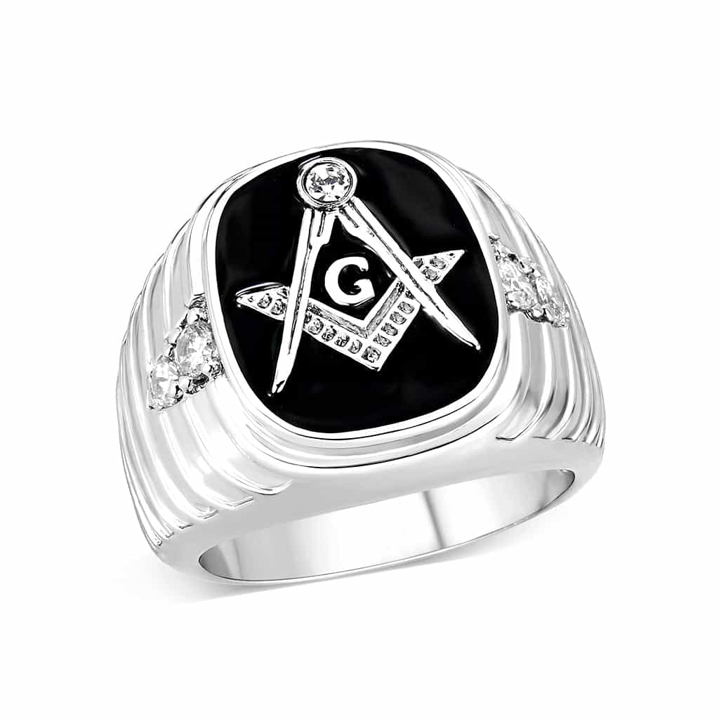 Brass Silver Masonic Square Compass Black Enamel Ring view 1