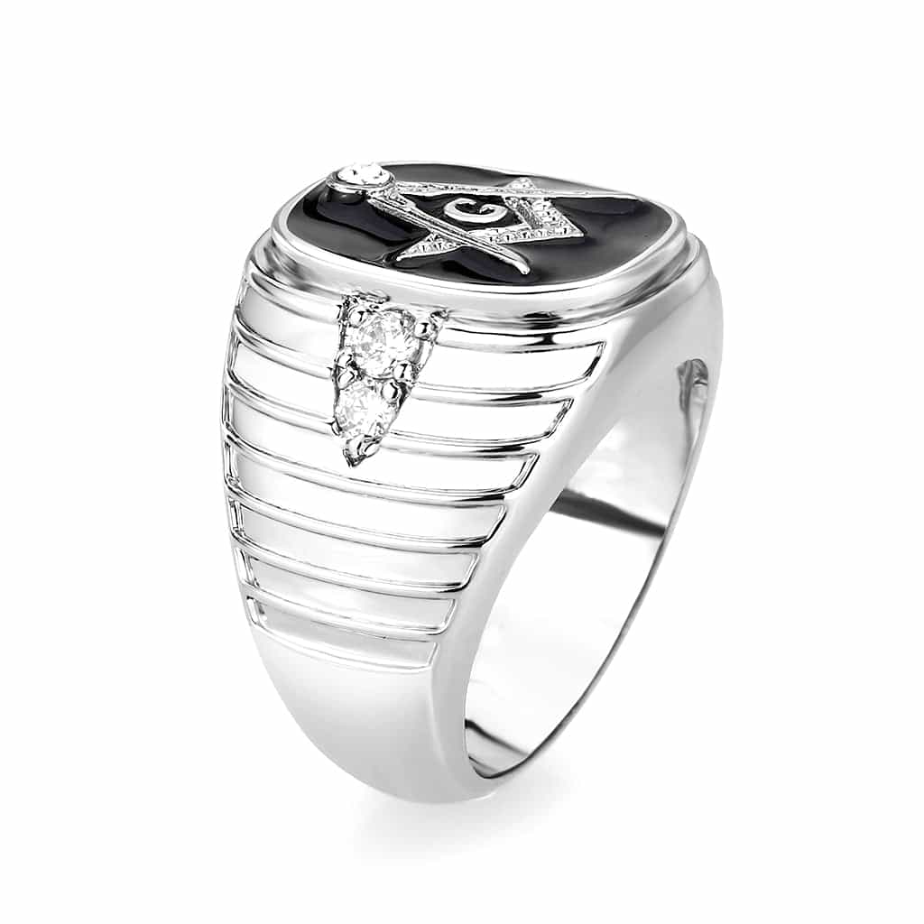 Brass Silver Masonic Square Compass Black Enamel Ring view 7