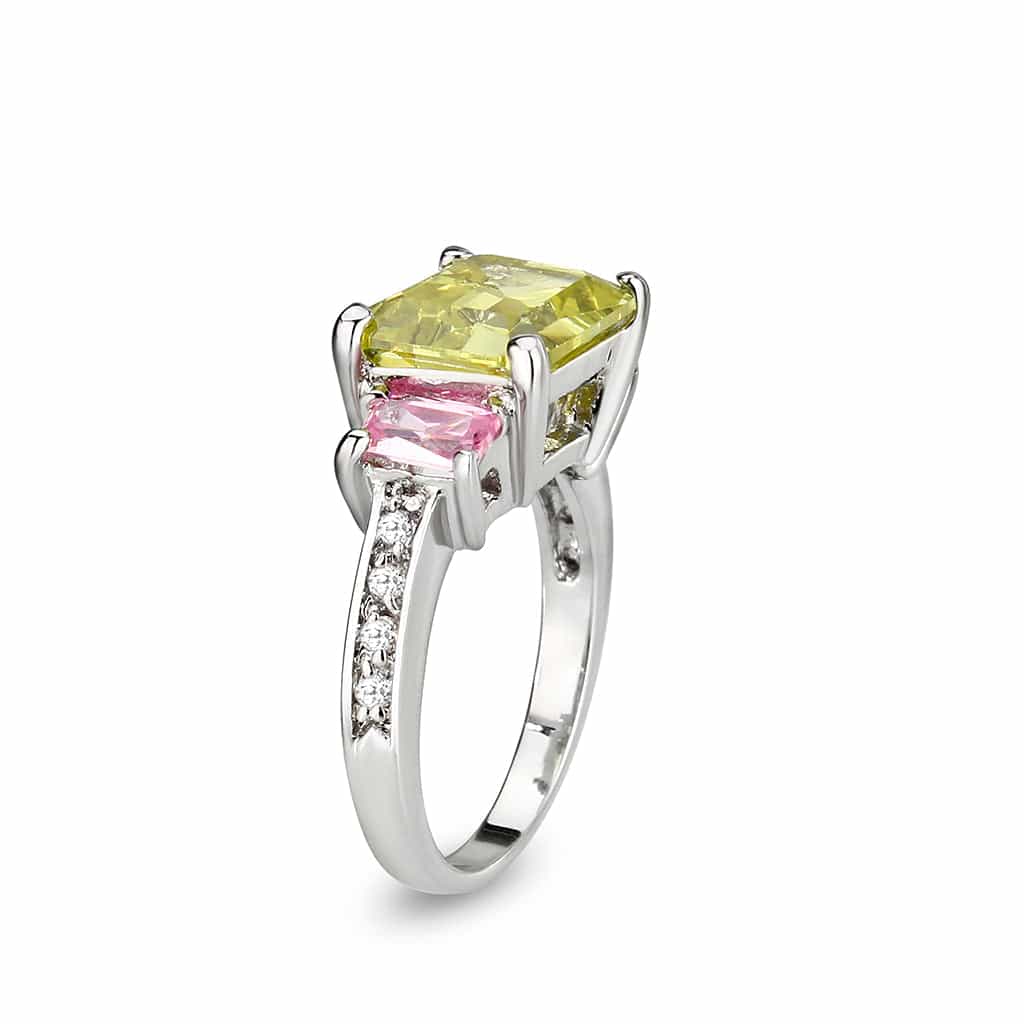 Brass Silver Yellow CZ Emerald Cut Pink Accent Cocktail Ring view 4