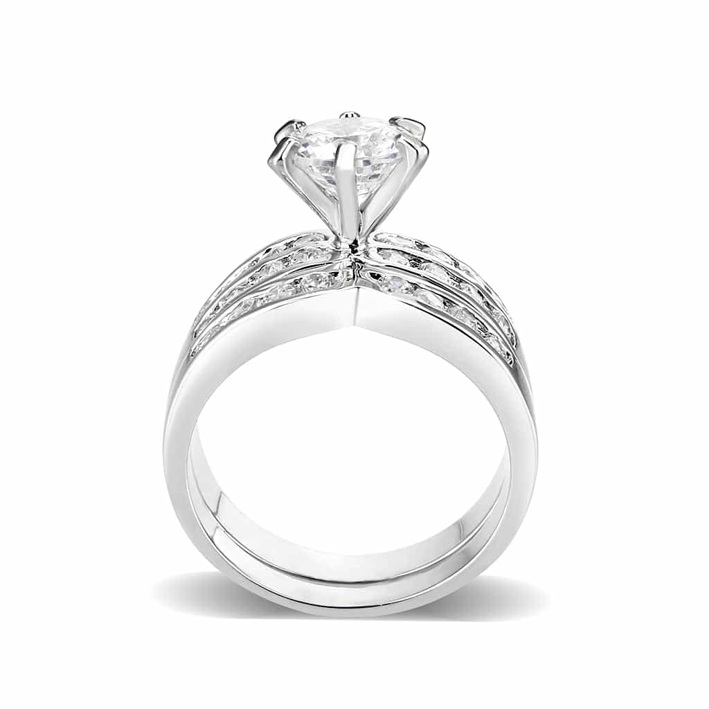Brass Silver CZ Round Solitaire Channel Bridal Ring Set Ring view 5