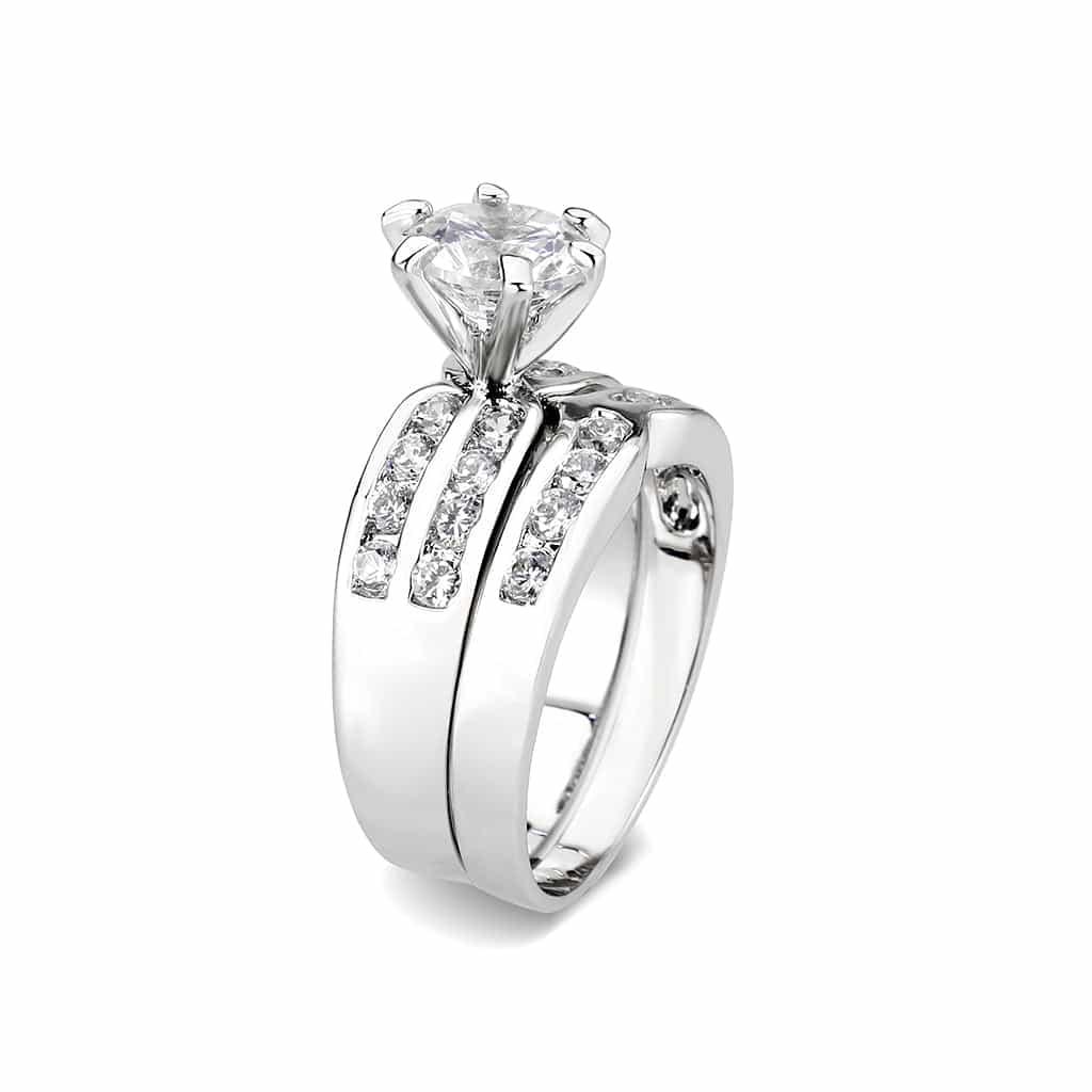Brass Silver CZ Round Solitaire Channel Bridal Ring Set Ring view 7