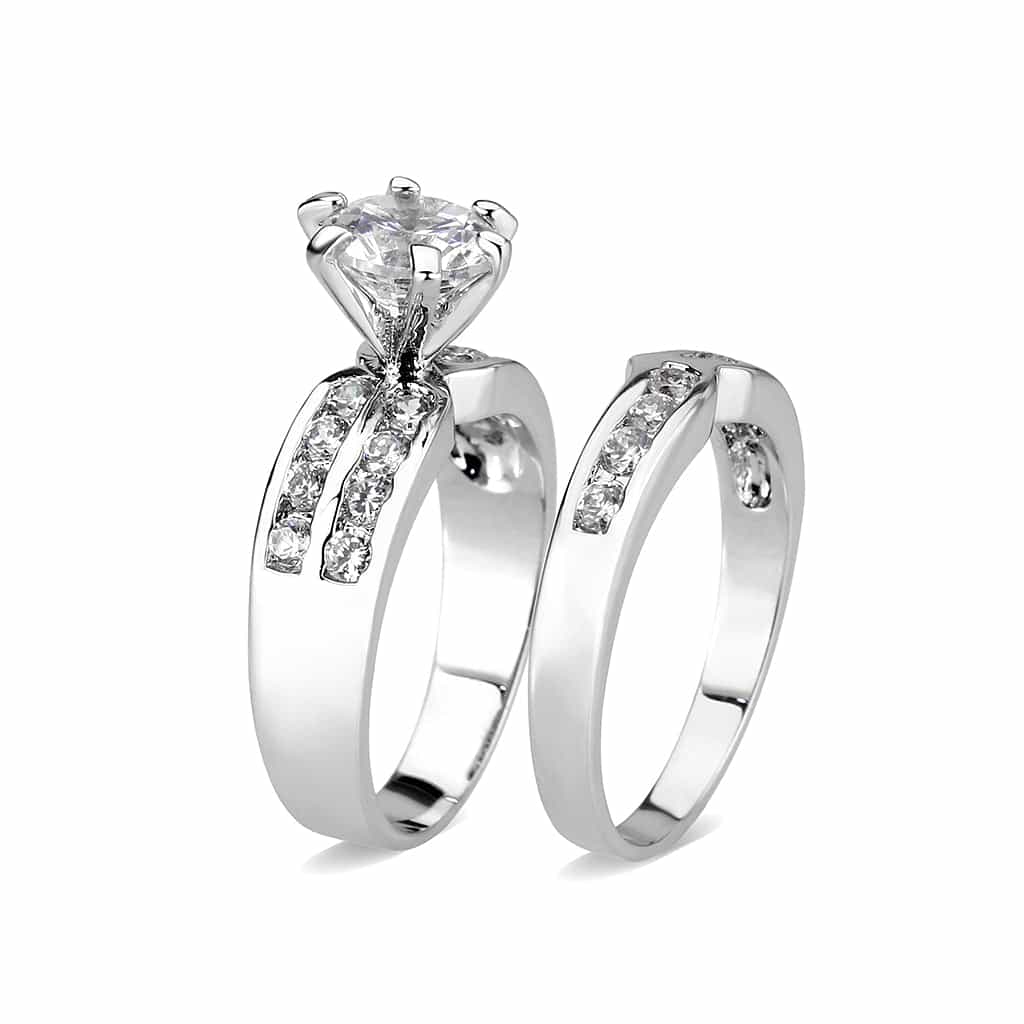 Brass Silver CZ Round Solitaire Channel Bridal Ring Set Ring view 9