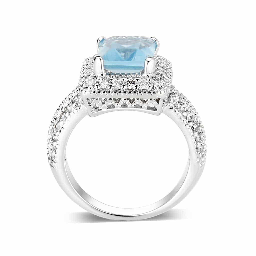 Brass Silver Aquamarine Blue Emerald Cut CZ Halo Ring view 5