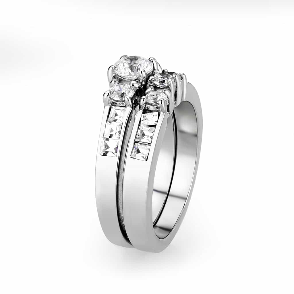 Brass Silver CZ Round Solitaire Pave Bridal Ring Set Ring view 4