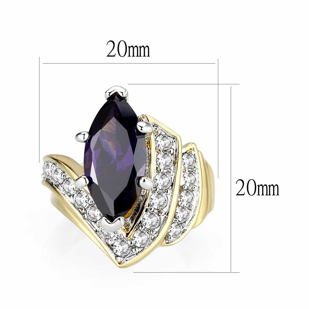 Brass Gold Two Tone Amethyst CZ V Shape Bypass Ring view 3