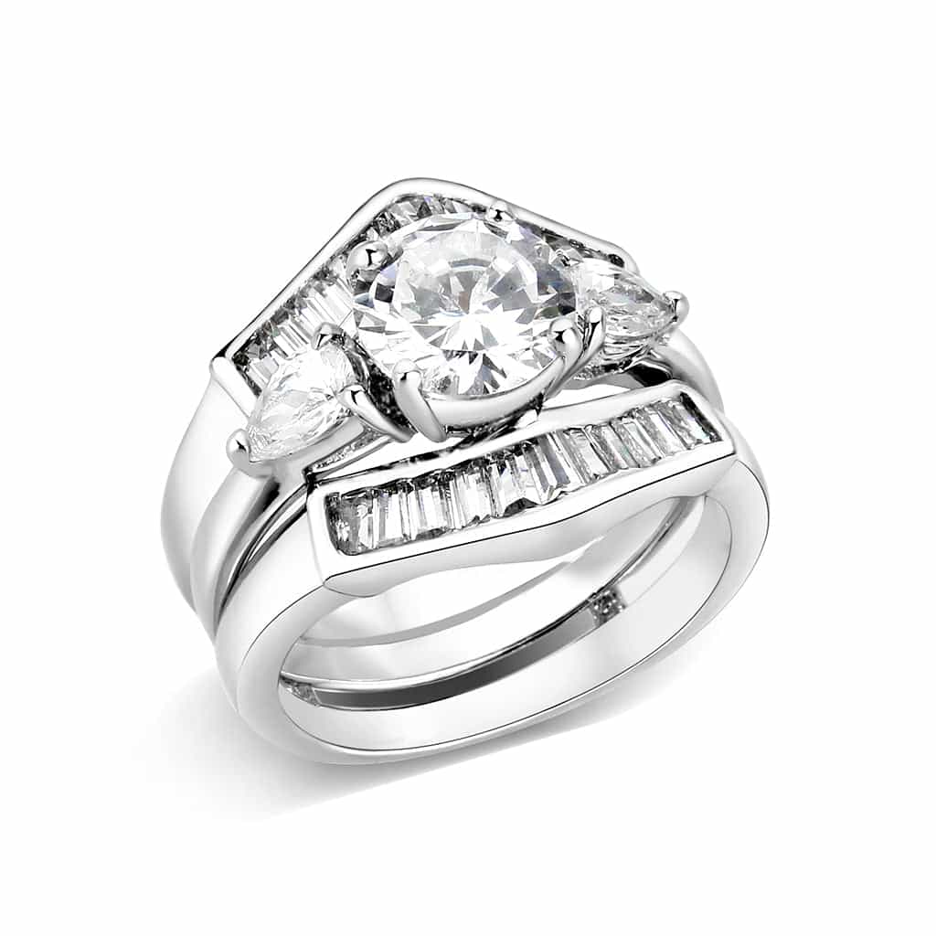 Brass Silver CZ Heart Solitaire Baguette Bridal Ring Set Ring view 1