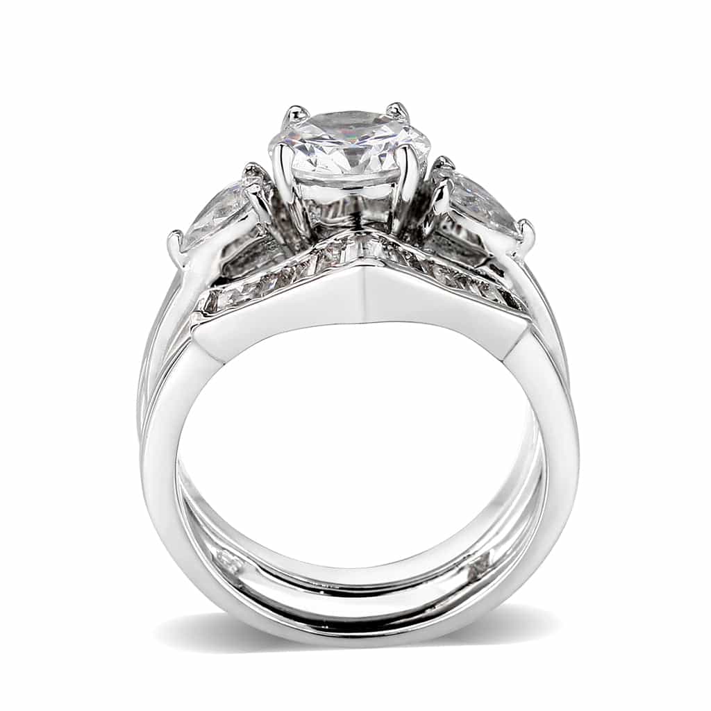 Brass Silver CZ Heart Solitaire Baguette Bridal Ring Set Ring view 3