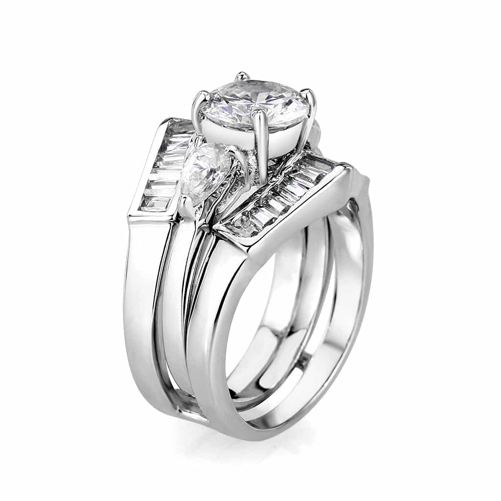 Brass Silver CZ Heart Solitaire Baguette Bridal Ring Set Ring view 4