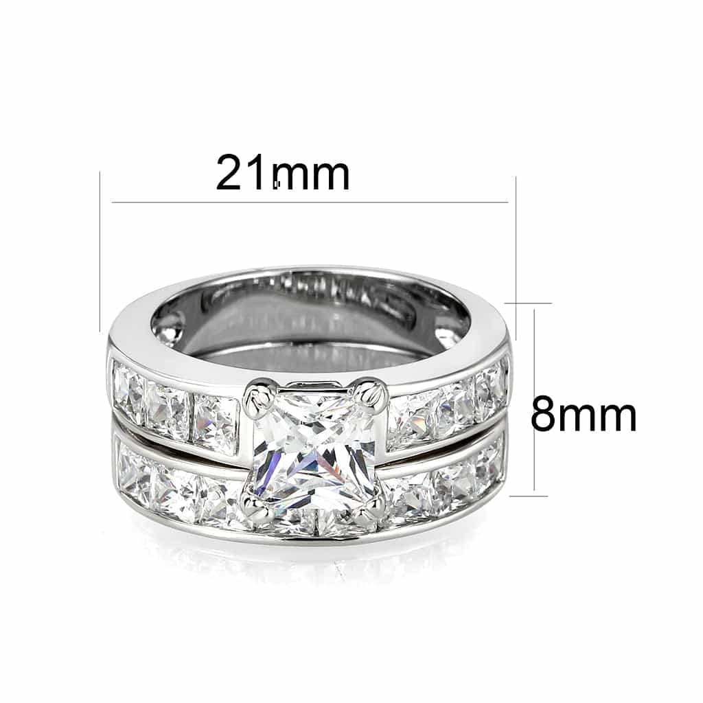 Brass Silver CZ Princess Solitaire Channel Bridal Ring Set Ring view 2