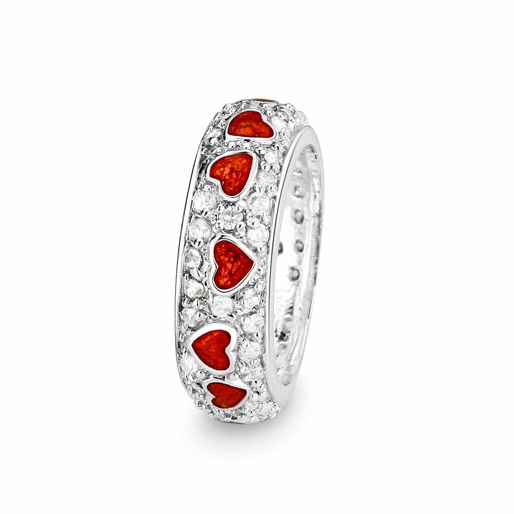 Brass Silver CZ Red Enamel Heart Pave Band Ring view 7