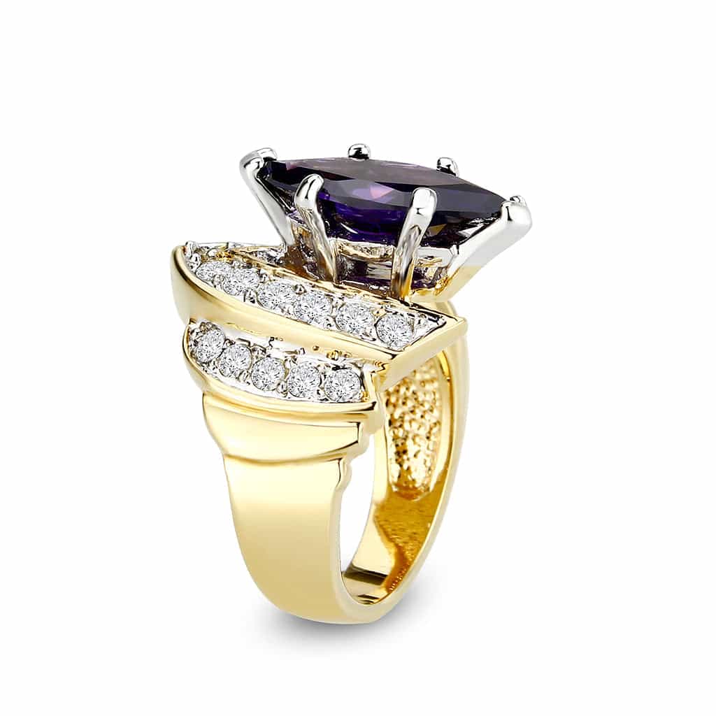 Brass Gold Two Tone Amethyst CZ V Shape Bypass Ring view 7