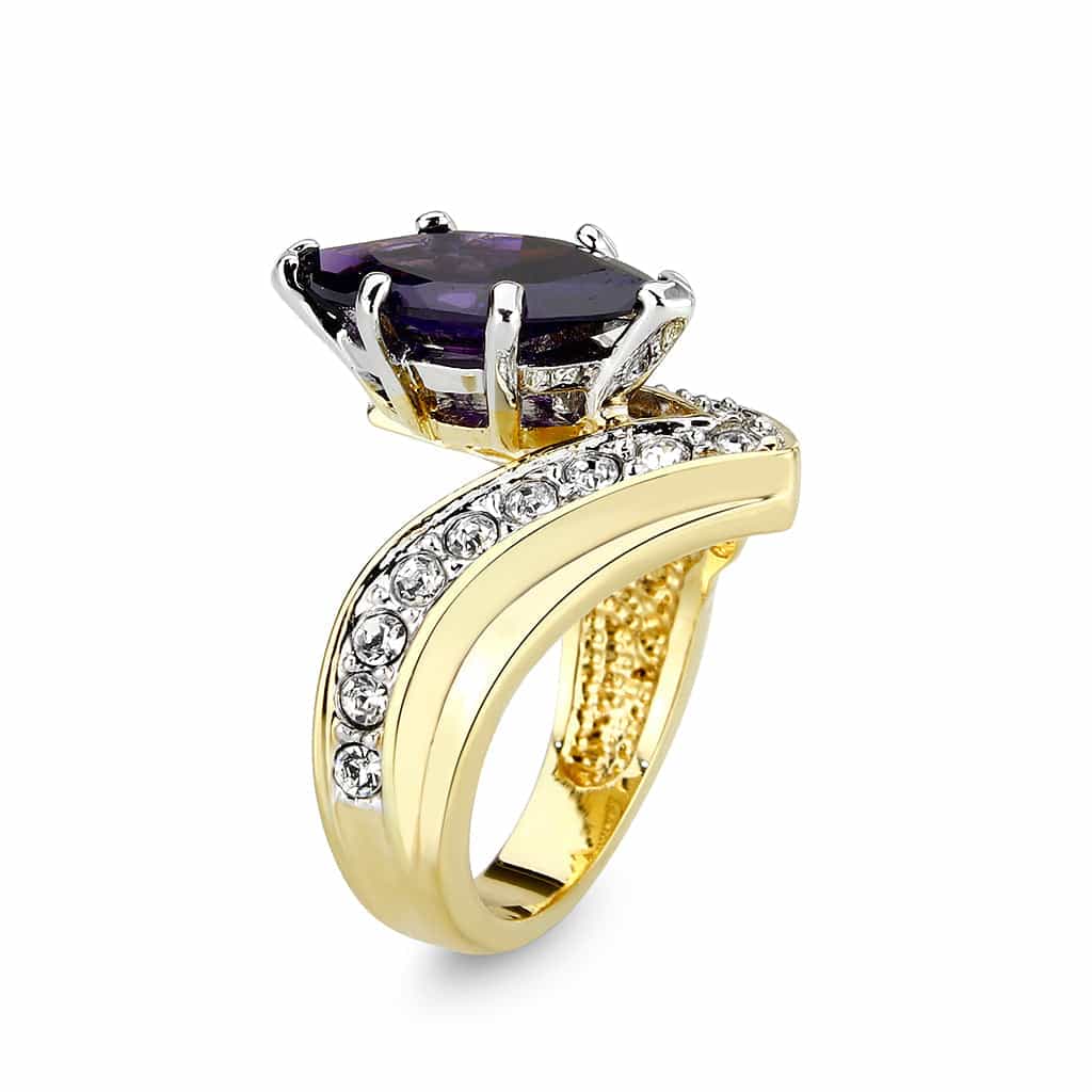 Brass Gold Two Tone Amethyst CZ V Shape Bypass Ring view 9