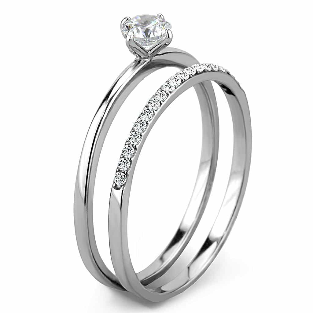 Stainless Steel CZ Round Double Band Pave Solitaire Ring view 7