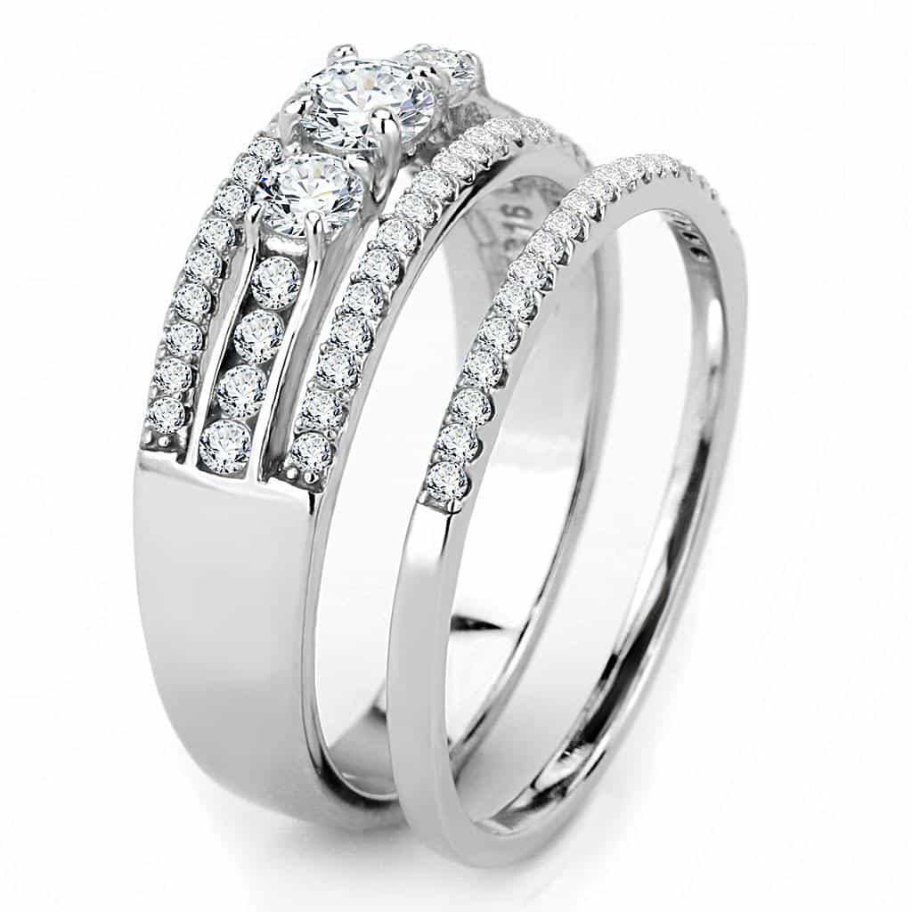 Stainless Steel CZ Round Triple Band Bridal Set Ring view 7