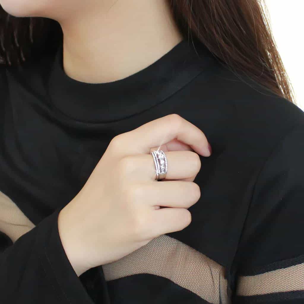 Stainless Steel CZ Round Triple Band Bridal Set Ring view 9