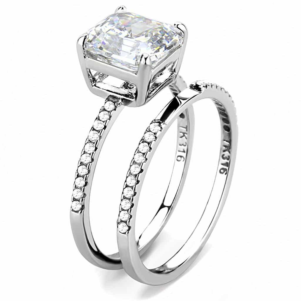 Stainless Steel CZ Asscher Cut Milgrain Bridal Set Ring view 7