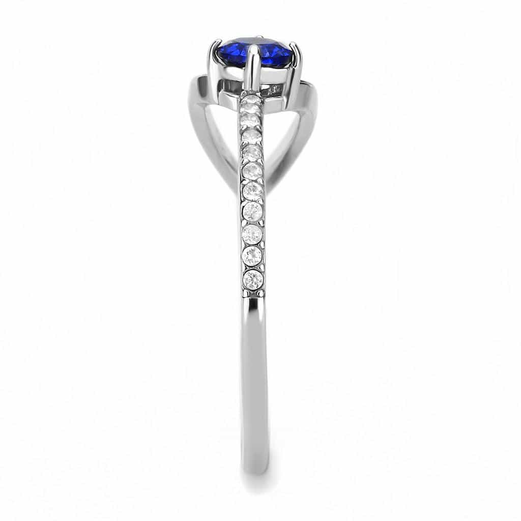 Stainless Steel Blue CZ Round Pave Slim Solitaire Ring view 7