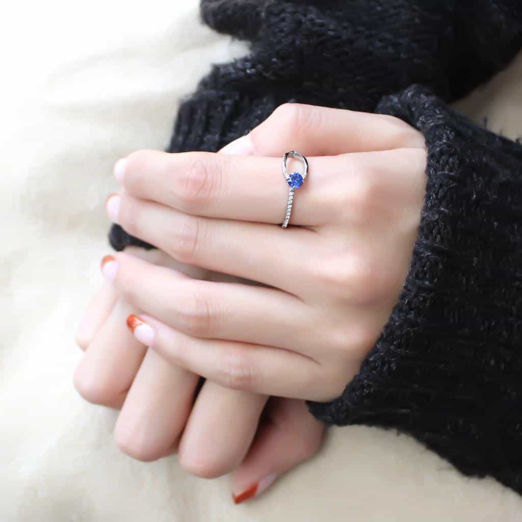 Stainless Steel Blue CZ Round Pave Slim Solitaire Ring view 11