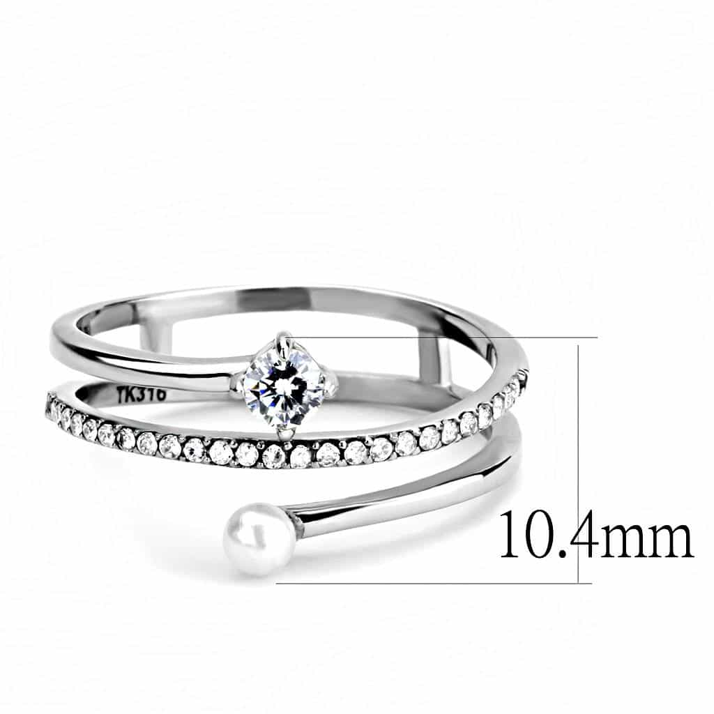 Stainless Steel Pearl CZ Pave Double Band Open Ring view 3