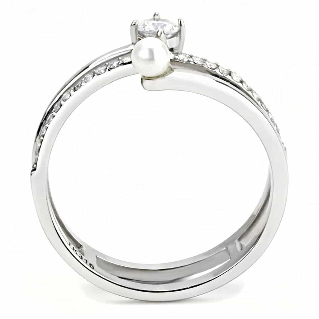 Stainless Steel Pearl CZ Pave Double Band Open Ring view 5