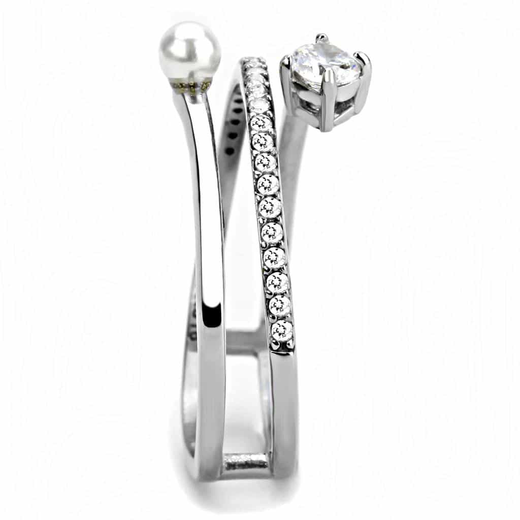 Stainless Steel Pearl CZ Pave Double Band Open Ring view 7