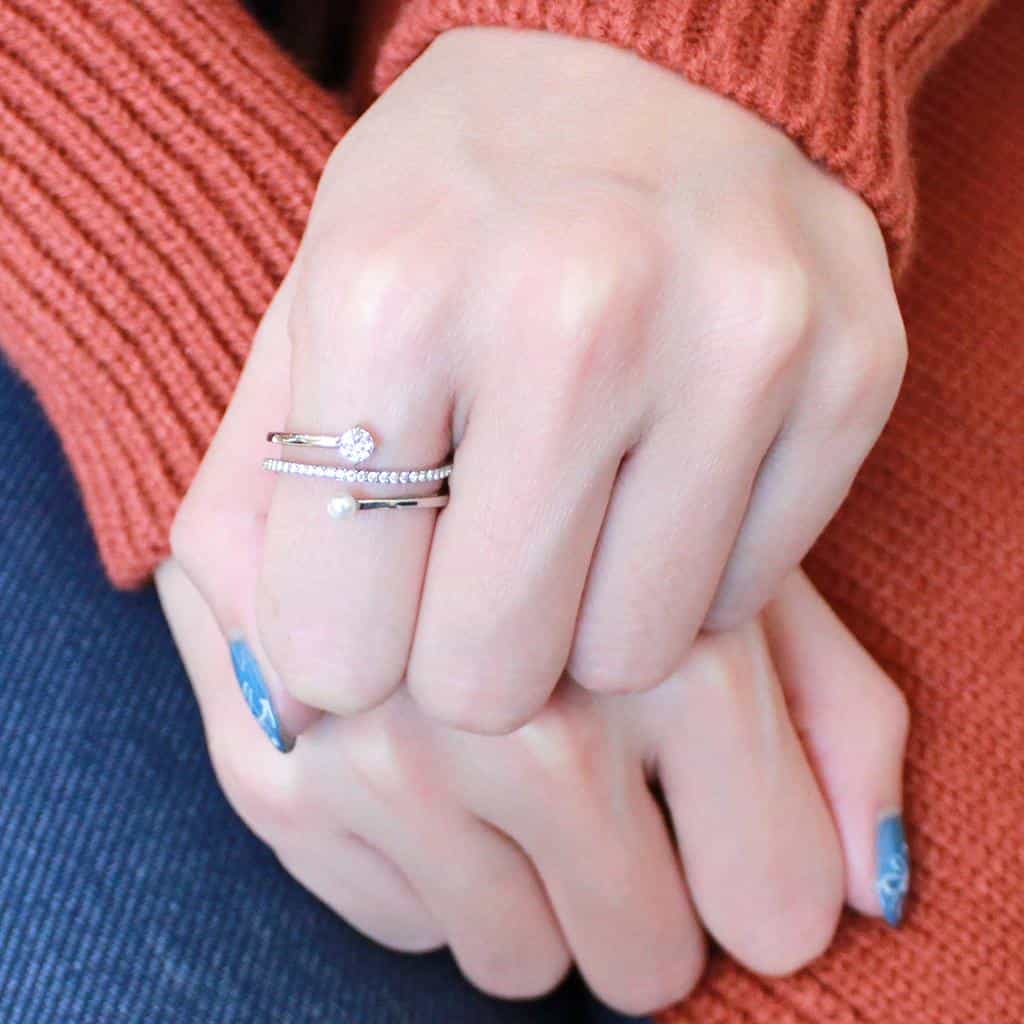 Stainless Steel Pearl CZ Pave Double Band Open Ring view 9