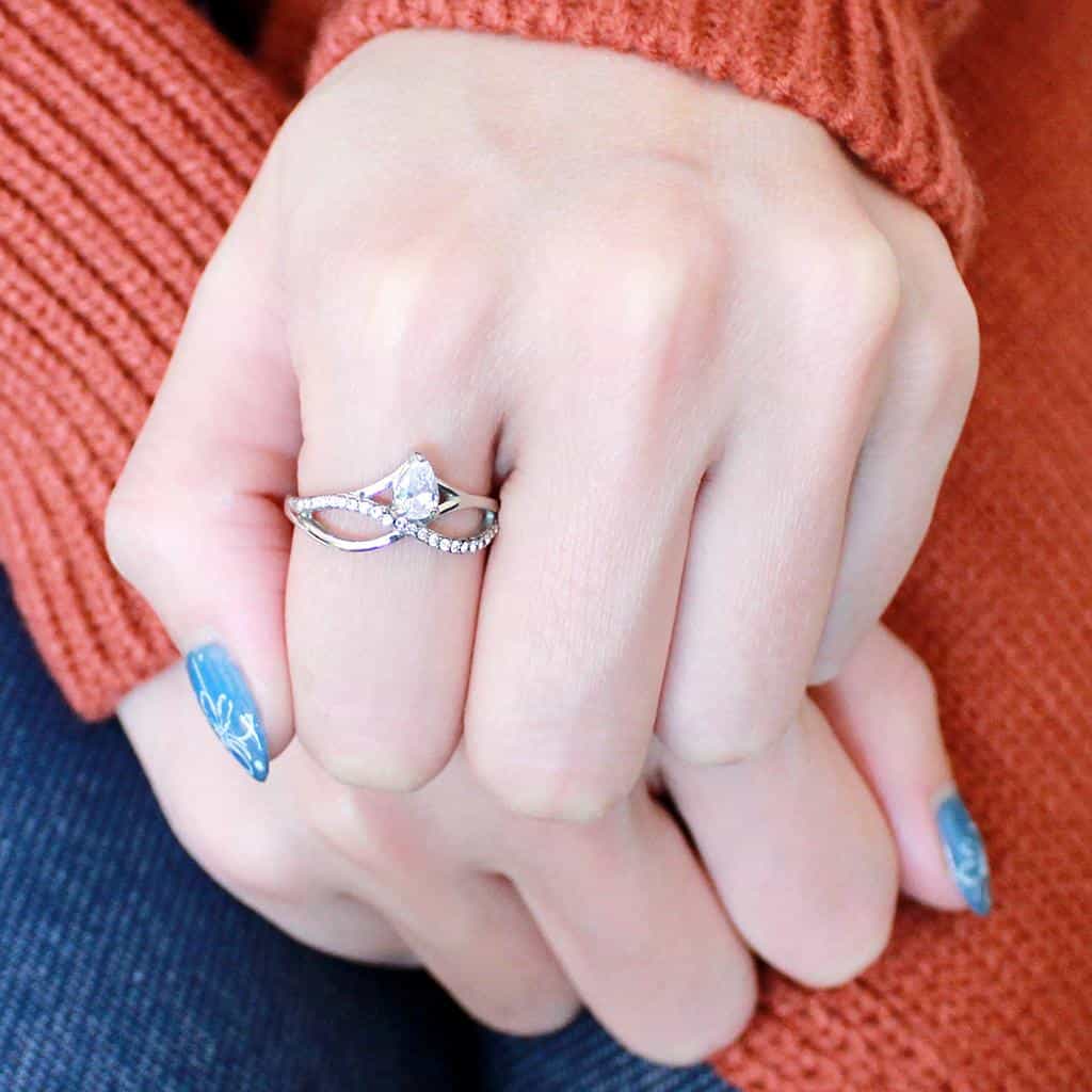 Stainless Steel CZ Pear Pave Split Scroll Solitaire Ring view 9