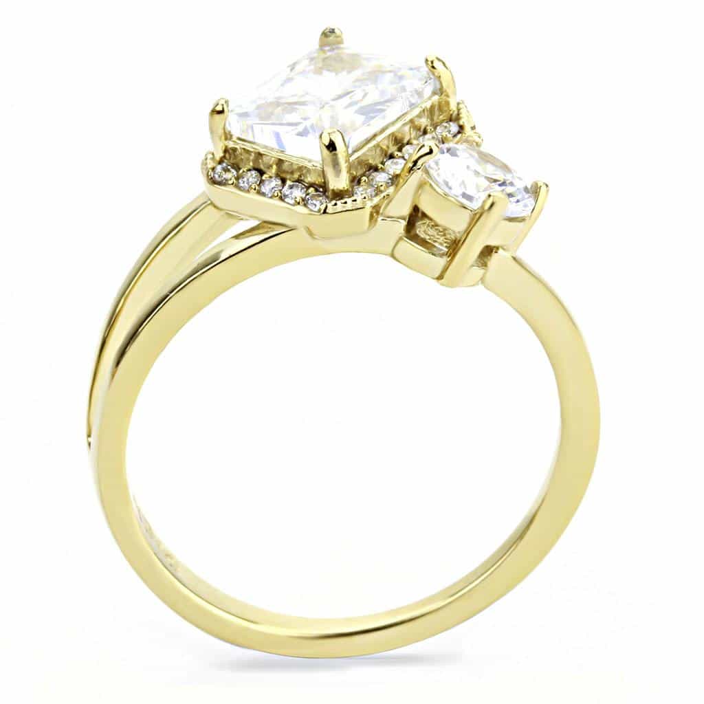 Stainless Steel Gold CZ Emerald Cut Pave Halo Three Stone Ring view 5
