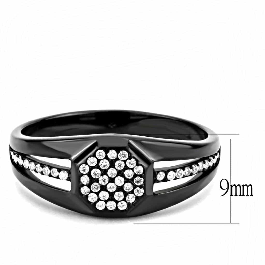 Stainless Steel Black IP CZ Pave Hexagon Men Signet Ring view 3