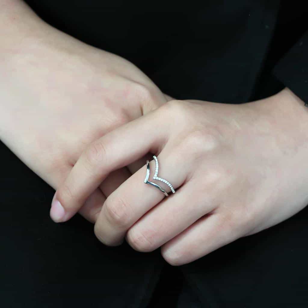 Stainless Steel CZ Pave Double V Chevron Open Ring DA308 view 9