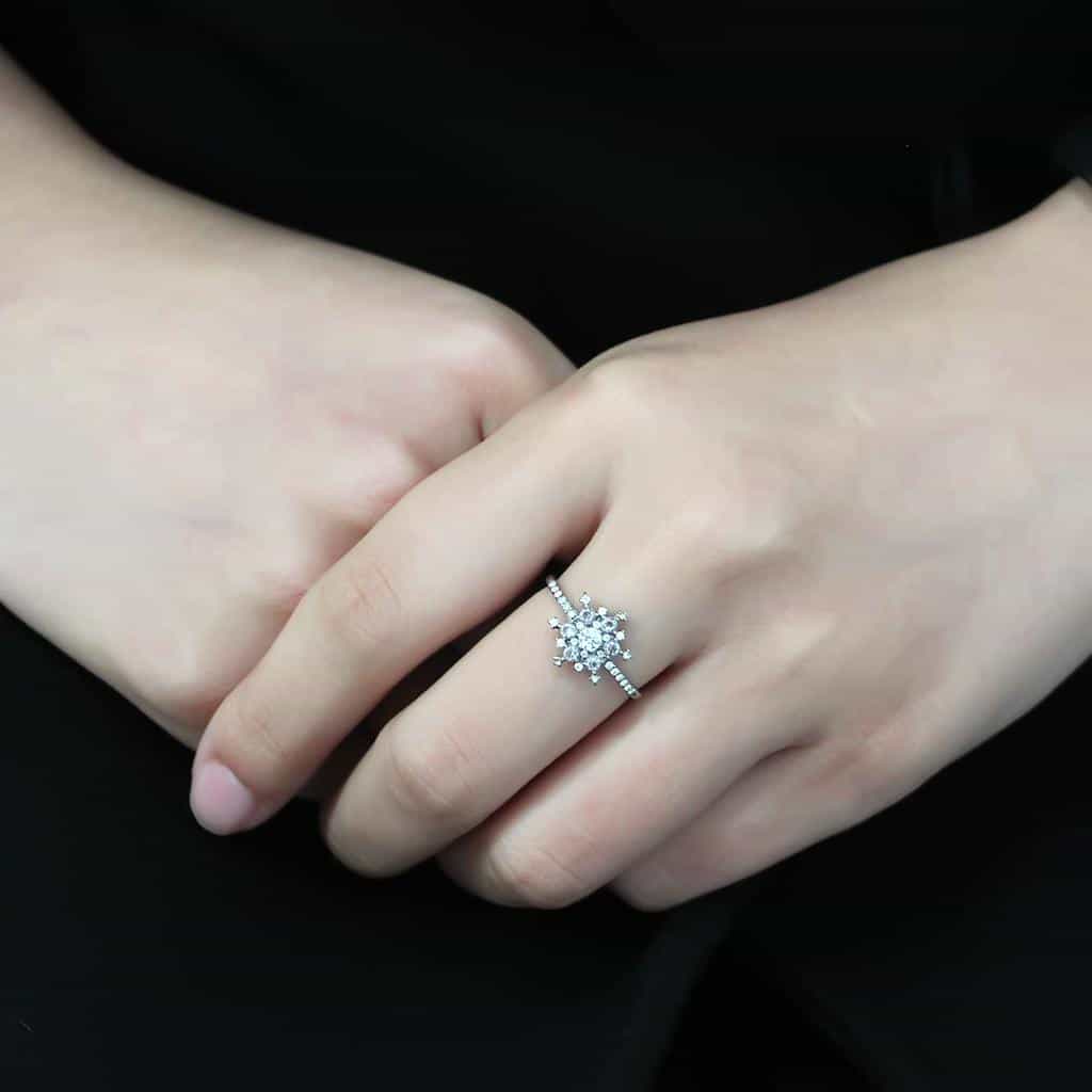 Stainless Steel CZ Round Pave Snowflake Starburst Cocktail Ring view 9