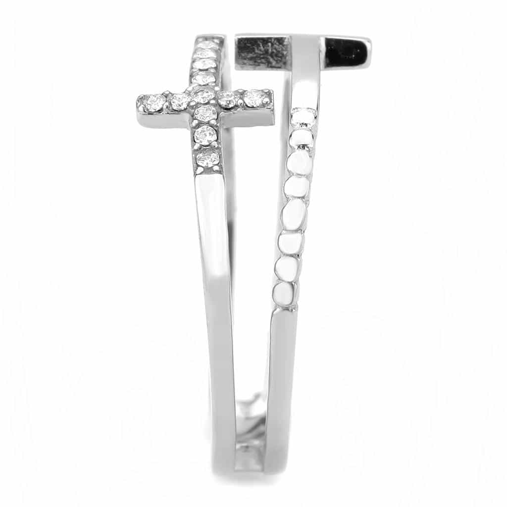 Stainless Steel Polished Double Band Sideways Cross Open Ring view 7