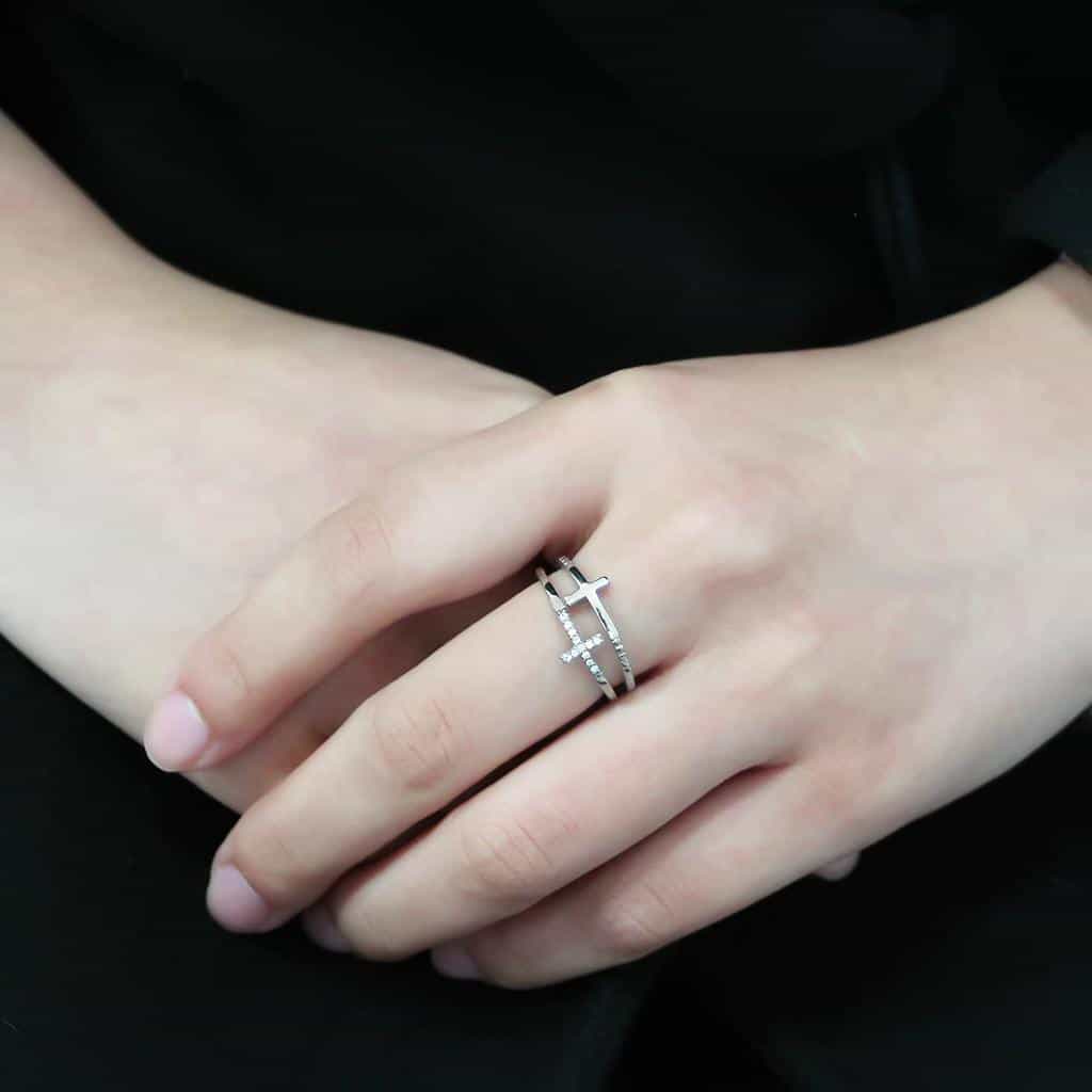 Stainless Steel Polished Double Band Sideways Cross Open Ring view 9