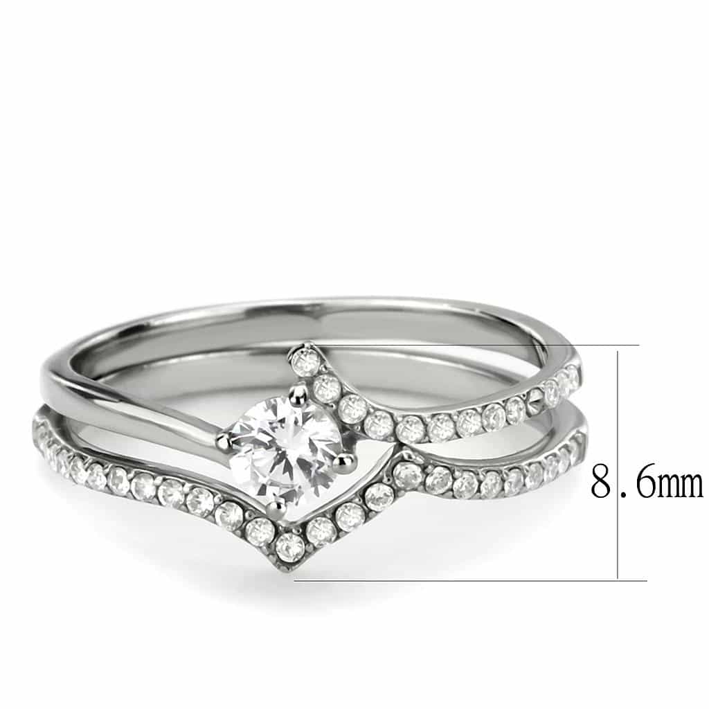 Stainless Steel CZ Round Prong Pave V Curve Bypass Solitaire Ring view 3