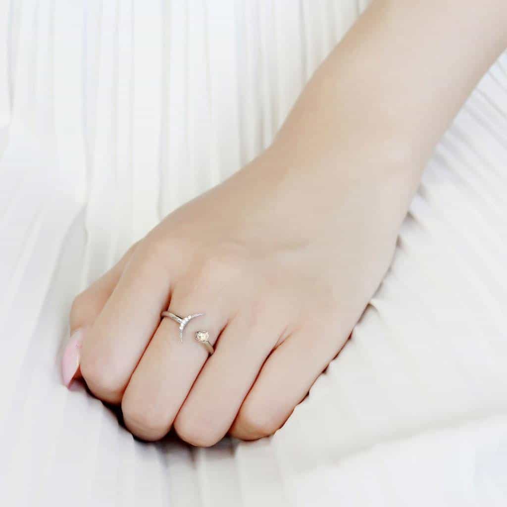 Stainless Steel Champagne CZ Round Crescent Moon Open Bypass Ring view 9