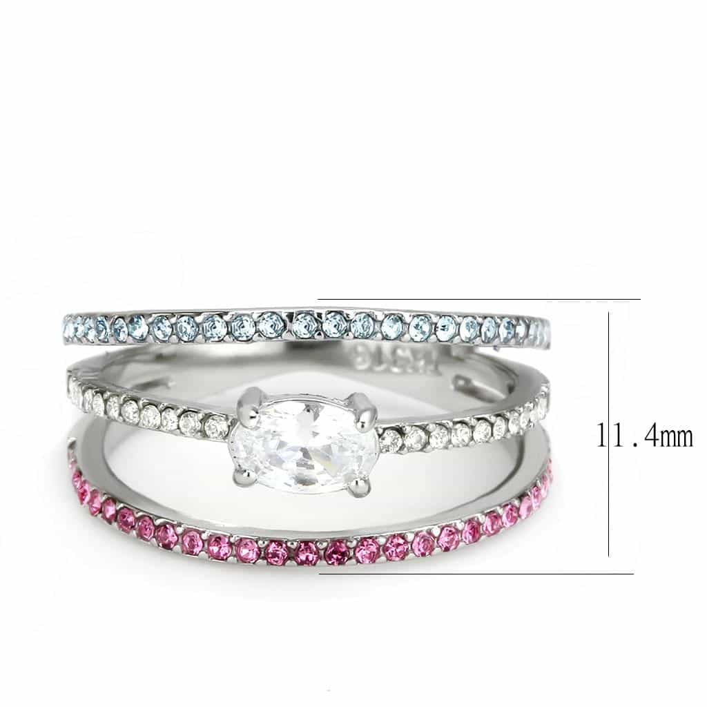 Stainless Steel Multi Color Pink Blue CZ Pave Triple Band Ring view 3